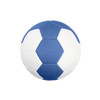 A blue and white thermal bonded handball featuring a hexagonal design and a textured surface.