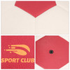 A white and red handball with a textured surface and a logo. The design features pentagonal panels.
