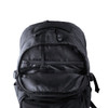 A black computer backpack with a wide opening, featuring a large compartment and a small zippered pocket inside.