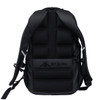 A black computer backpack with padded back and adjustable straps, featuring a logo on the front.