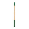 A bamboo toothbrush with a large round handle featuring a green and natural wood colour design. It has a logo.