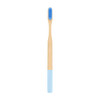 A large round handle toothbrush featuring a bamboo body and blue bristles with a blue bottom section.