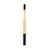 A large round handle bamboo toothbrush featuring a black bristle head and a natural bamboo handle. It has a logo.