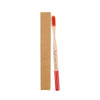 A bamboo toothbrush with a large red handle, packaged in a brown cardboard box. It features a logo on the handle.