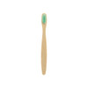 A small bamboo toothbrush with a natural wood handle and green bristles, featuring a logo.
