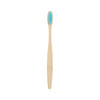 A large bamboo toothbrush with a light brown handle and blue bristles, featuring a simple design. It has a logo.