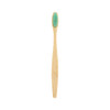 A large bamboo toothbrush with a wooden handle and a turquoise bristle head, displaying a simple logo.