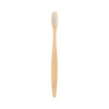 A large bamboo toothbrush with a wooden handle and white bristles. It features a simple design and includes a logo.