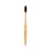 A large bamboo toothbrush with a natural bamboo handle and black bristles, featuring a logo on the handle.