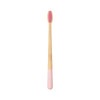 A large conical handle toothbrush with a pink bristle head and a wooden bamboo handle. It has a logo on the handle.