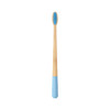 A large conical handle toothbrush with a blue head and bamboo handle, featuring a logo on the handle.