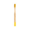 A small round handle bamboo toothbrush with a vibrant yellow tip and bristles. Features a logo on the handle.
