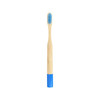 A bamboo toothbrush with a small round handle, featuring blue bristles and a blue base. It has a logo.