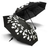 A colour changing compact umbrella in black with white droplet patterns, featuring two opened canopies.