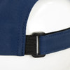 A navy cap featuring an adjustable strap with a plastic clasp and a smooth fabric finish.