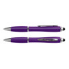 A purple stylus pen with a silver clip and accents, featuring both a ballpoint tip and a stylus tip.