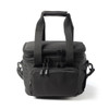 A black expanding cooler with dual zippers, sturdy handles, and an adjustable shoulder strap, featuring a front pocket and logo.
