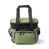 An olive green cooler bag with black straps and zippers, featuring a front pocket and a sturdy handle.