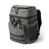 A grey backpack cooler featuring multiple zippered compartments, a mesh side pocket, and adjustable straps.