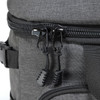 A grey backpack cooler featuring dual black zippers with textured pull tabs for easy access.