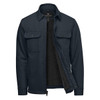 A navy men's jacket featuring a Sherpa-lined interior and two front pockets, with branding visible inside.