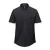 A black short sleeve knit shirt with a collared neckline and a single chest pocket, featuring a logo.