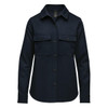 A navy blue women's shacket with a button-up front and two chest pockets. It features long sleeves and a classic collar.