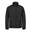 A black thermal jacket with a high collar and front zip, featuring pockets and a logo.