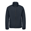 A navy blue Men's Athabasca Thermal Jacket features a high collar and front zip, with side pockets and a logo.