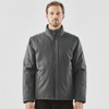 A men's thermal jacket in grey, featuring a zip closure and a stand-up collar. The jacket has a logo on it.