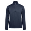 A dark navy men's pullover featuring a 1/4 zip, long sleeves, and a logo on the front.
