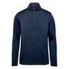 A navy 1/4 zip pullover with long sleeves and a stand-up collar, featuring a logo.