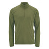 Men's 1/4 zip pullover in olive green with long sleeves and a zippered neck. Features a branding logo.