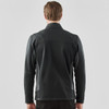 A men's black knit jacket with a high collar, shown from the back, featuring a logo.
