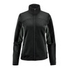 A women's black knit jacket with a high collar and zippered front, featuring contrasting panel details and pockets.