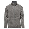 A grey men's fleece jacket with a full zip and a high collar, featuring a logo on the chest.