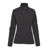 A women's full zip fleece jacket in a dark grey heather shade, featuring a high collar and long sleeves.