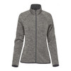 A women's full zip fleece jacket in grey, featuring a high collar and raglan sleeves, with a logo on the front.