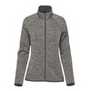 A women's full zip fleece jacket in grey with a fitted design and stand-up collar. It features a logo.