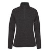 A black women's fleece jacket with a half zip and long sleeves, featuring a simple logo on the front.