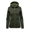 A women's hoody in dark green with a zip front and a lined hood. It features a logo on the chest.