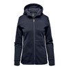 A women's performance hoody in navy blue with a zip front, hood, and side pockets. It features a textured inner lining.