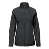 A women's full zip jacket in black with a collar and a branding logo.