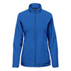 A women's full zip jacket in bright blue with a collar and a logo on the chest.