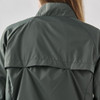 A dark green women's rain jacket featuring a high collar and back flap detail, with branding visible.