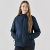 A women's thermal jacket in navy blue, featuring a zip front and side pockets, with a logo on the sleeve.