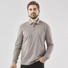 A long-sleeved grey men's polo shirt with a collar and buttons, featuring a logo.
