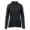 A women's long sleeve micro pique polo in black with a collar and buttons, featuring a logo.
