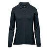 A black long-sleeve polo shirt featuring a collar and buttons, with a logo on the chest.