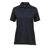 A women's navy blue micro pique polo shirt featuring a classic collar and button placket, with a logo on the chest.